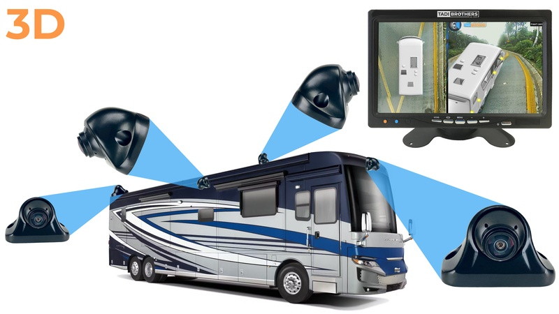 Wireless RV backup camera system with live rear view displayed on a monitor and camera positioned on the right side.