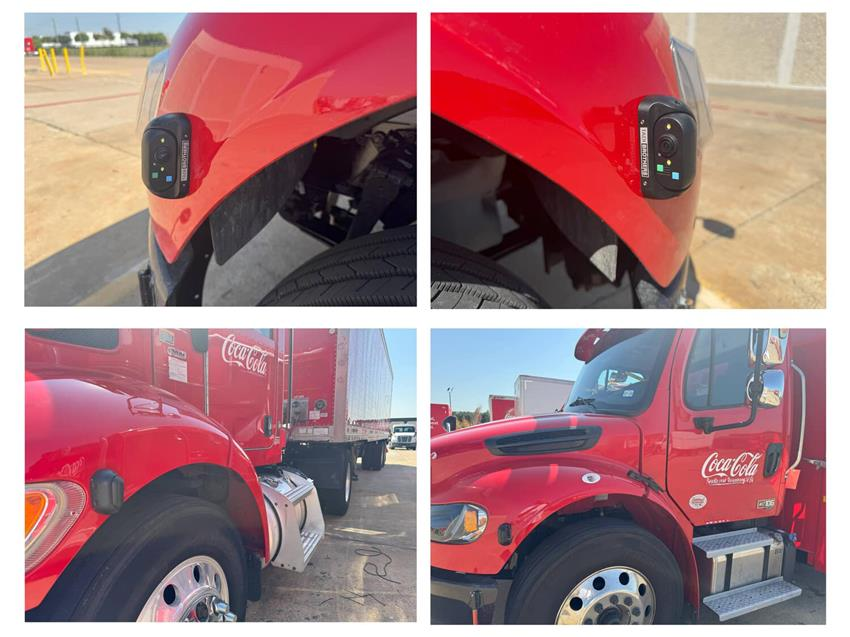 Front-mounted camera and 77GHz 4-sensor radar system installed on a Freightliner truck, delivering forward visibility, blind-spot detection, and enhanced safety for commercial fleet vehicles.