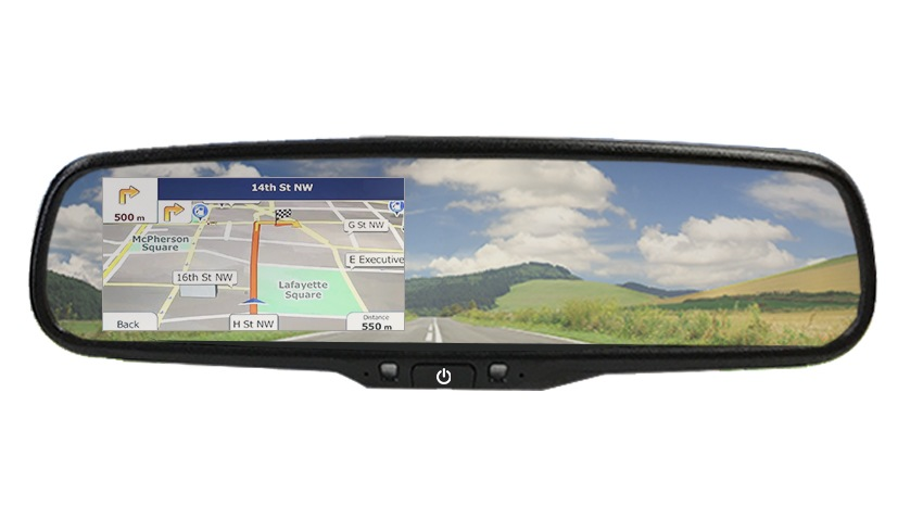 Full mirror GPS navigation system displaying turn-by-turn map directions on the left and a wide rearview driving scene on the right.
