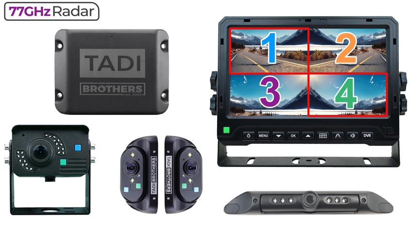 Complete TadiBrothers 77GHz 4-sensor radar system featuring radar module, HD cameras, and an advanced monitor with four-channel split-screen display for fleet and specialty vehicle safety.