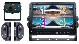 Multi-camera RV backup system with a four-view split screen monitor, showing rear and side camera angles for safer parking and reversing.