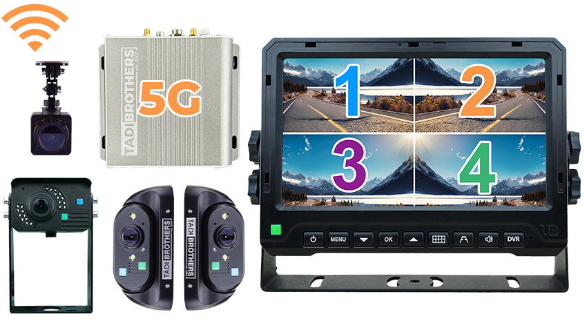5G wireless backup camera system with four-camera split screen monitor, including rear, side, and auxiliary cameras for full vehicle visibility.