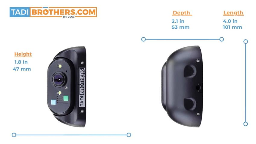 TadiBrothers rear-view camera with dimensions showing height 1.8 in, depth 2.1 in, and length 4.0 in.