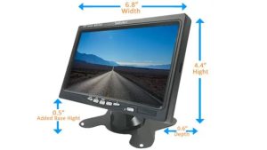 7-inch rear view monitor with mounting stand and labeled dimensions.