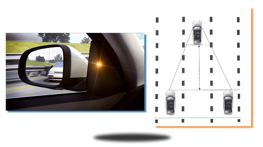 Ultrasonic blind spot detection system showing side mirror alert and vehicle detection range for safer lane changes