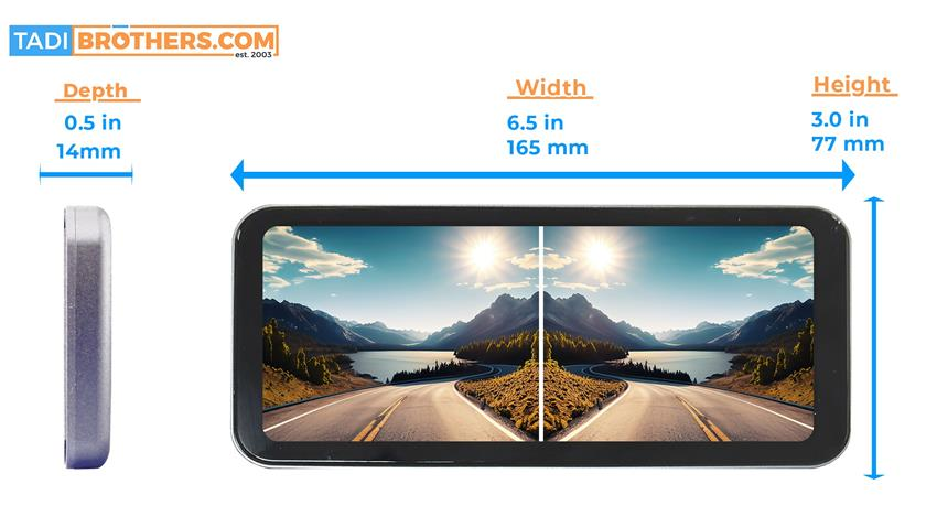 6.5-inch touchscreen blind spot monitor with split-screen view and compact design dimensions