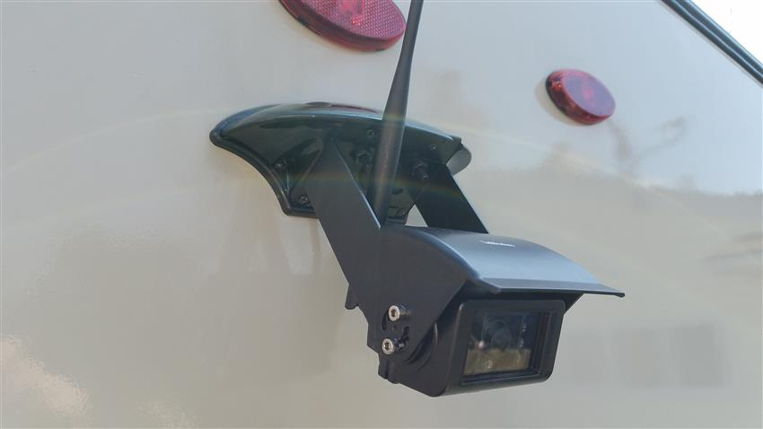 Close-up of Furrion backup camera showing lens detail and durable rear-mounted design