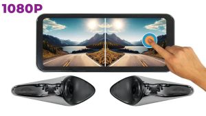 1080P dual-camera vehicle camera system with a touchscreen monitor displaying a split-screen road view, and two side-mount cameras shown below.
