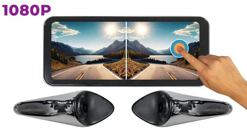 1080P dual-camera vehicle camera system with a touchscreen monitor displaying a split-screen road view, and two side-mount cameras shown below.