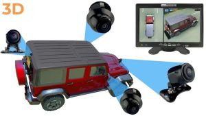 3D 360-degree camera system diagram showing four cameras positioned around a red SUV with a split-screen monitor displaying top-down and angled surround views.