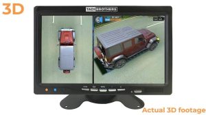 3D HD 360-degree monitor displaying actual split-screen footage with a bird's-eye top-down view and an angled 3D perspective view of a vehicle.