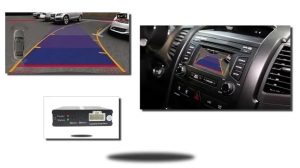 Car interior displaying a Parking Assist System with Moving Gridlines (OBD II) on the dashboard screen, showing dynamic parking guidelines and rear visibility for safer reversing.