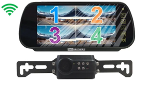 License plate backup camera with a clip-on rearview mirror display