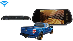 Pickup truck backup camera system with 7-inch mirror monitor and wireless CCD license plate frame camera for safer reversing and improved rear visibility while parking or towing