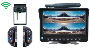 Wireless camera system with a night-vision camera, two side-view cameras, and a 7-inch monitor with antenna showing a quad split-screen road view.