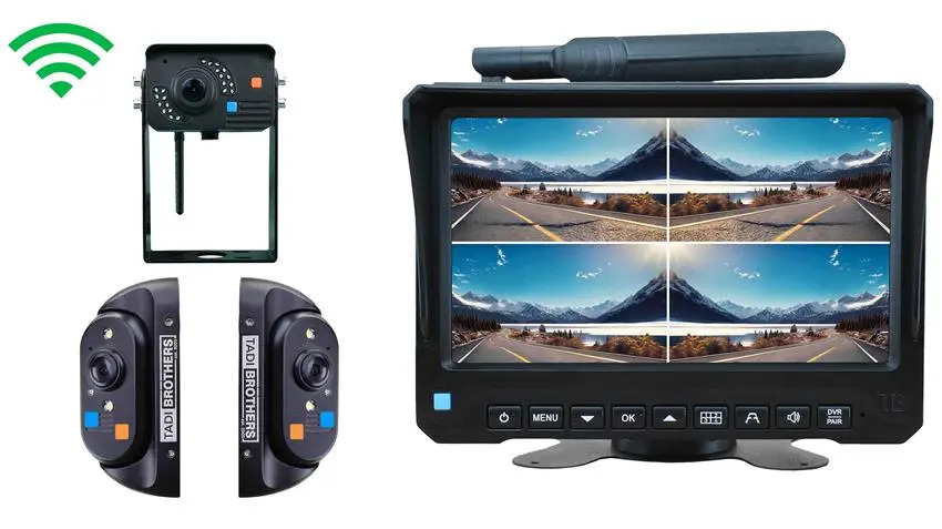 Wireless camera system with a night-vision camera, two side-view cameras, and a 7-inch monitor with antenna showing a quad split-screen road view.