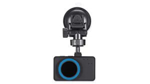 Dashboard camera with blue ring and windshield mount