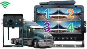 Wireless 4-channel truck camera system with quad-split monitor