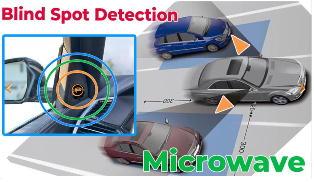 Microwave blind spot detection system with A-pillar warning indicator
