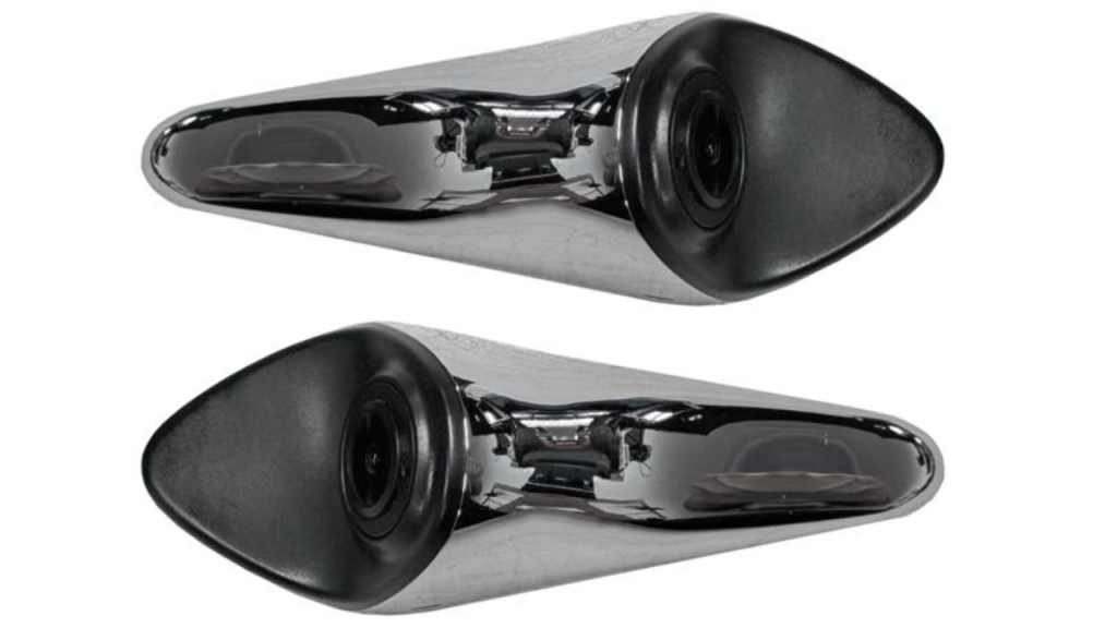 Chrome side mirror sensors with blind spot cameras.