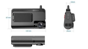 Dash cam dimensions diagram showing 110mm by 67mm.