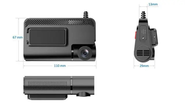 Dash cam dimensions diagram showing 110mm by 67mm.