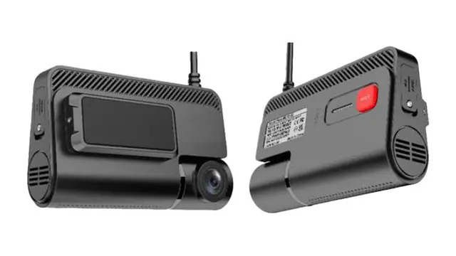 Dash cam front and back views showing screen buttons.
