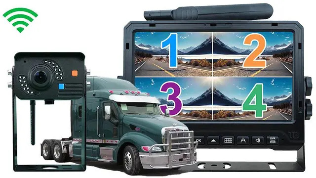 Wireless semi-truck backup camera with quad monitor