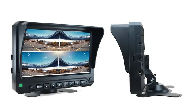 Monitor with sun visor, side view showing ports