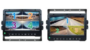 Split-screen monitors showing four-camera and three-camera views