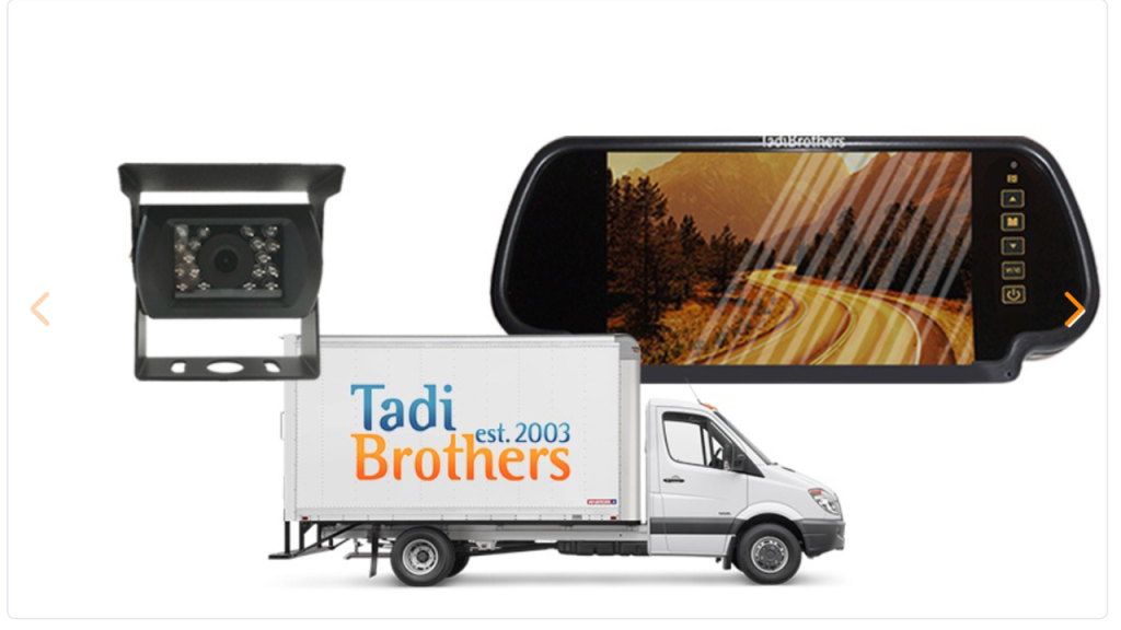 TadiBrothers rearview mirror monitor, backup camera, and delivery truck.