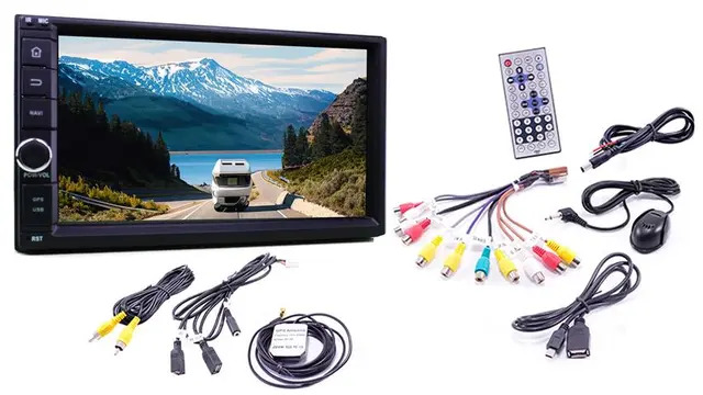 Touchscreen car stereo with included cables and remote control.