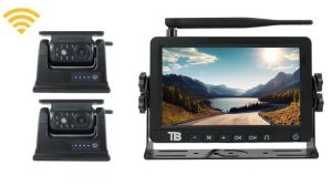 Wireless backup camera system with two cameras and monitor