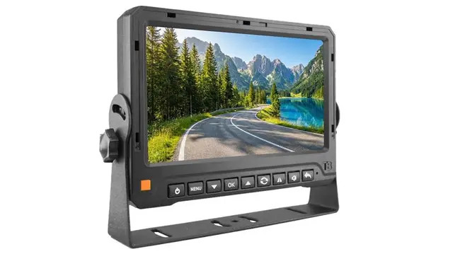 Angled monitor view showing mountain lake scene