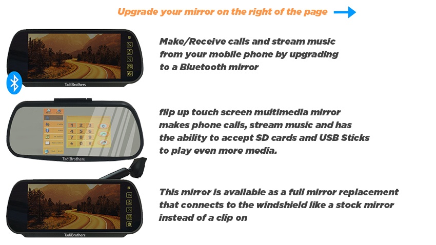 TadiBrothers mirror camera systems with Bluetooth connectivity and touchscreen multimedia features.